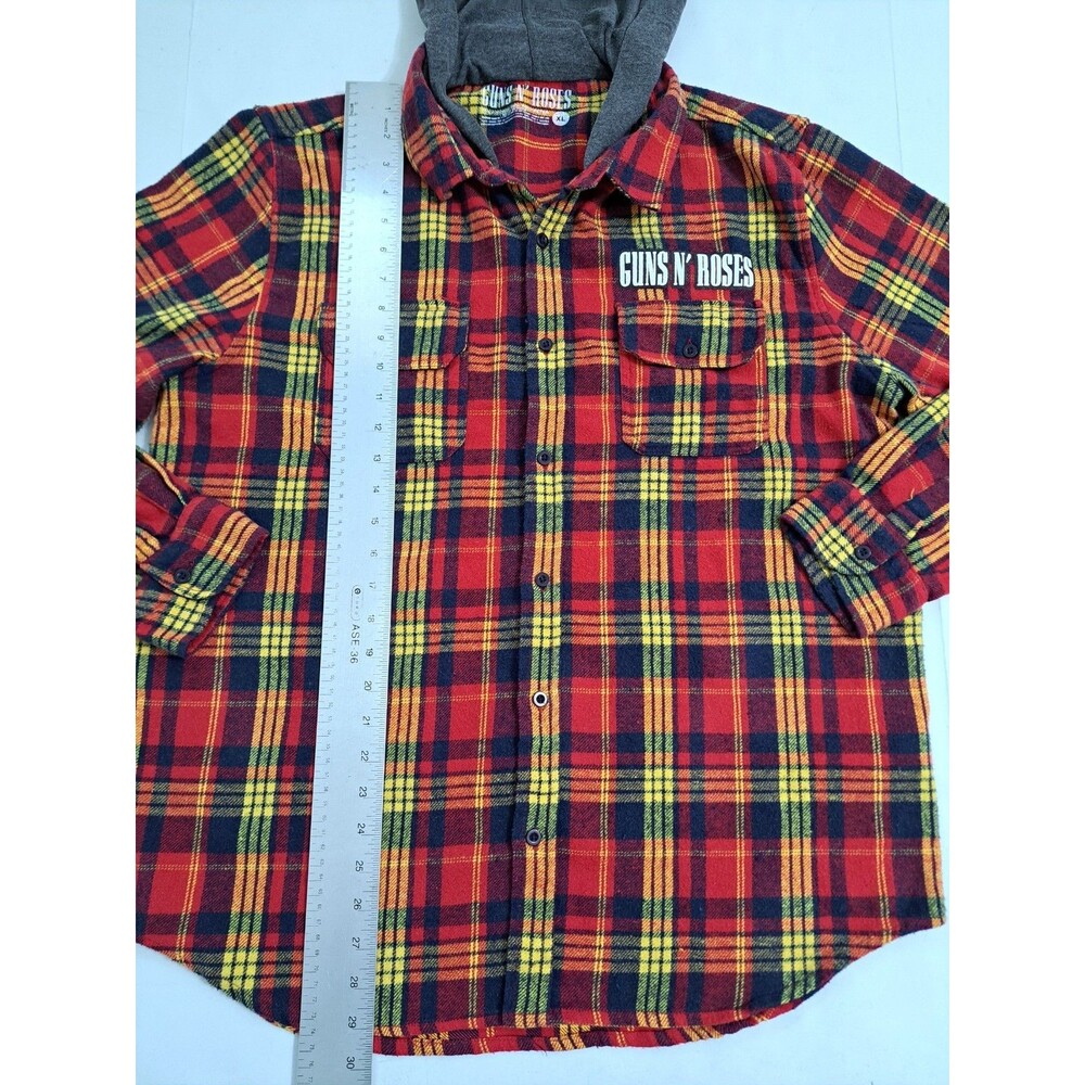Guns N Roses Flannel Hooded Shirt XL Red Yellow Rock Roll Axel Skulls Appetite - Picture 8 of 9